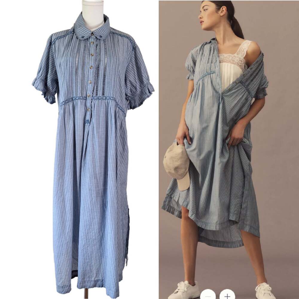 Anthropologie Pilcro Flowy Puff-Sleeve Midi Shirt Dress Small Blue Stripe